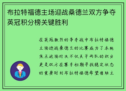 布拉特福德主场迎战桑德兰双方争夺英冠积分榜关键胜利
